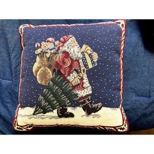 Santa With Toys for Good Girls & Boys CHRISTMAS THROW PILLOW SQUARETAPESTRY EUC